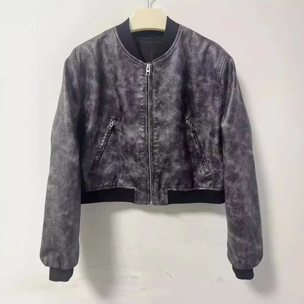 

Women's Retro Short PU Leather Cardigan Jacket Vertical Collar Imitation Leather Bomber Coat American Style Autumn