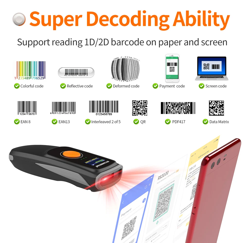 Xincode Factory USB Wireless Barcode Scanner Inventory Handheld 2D Bar Code Reader Portable Mobile Bluetooth Qr Code Scan Gun