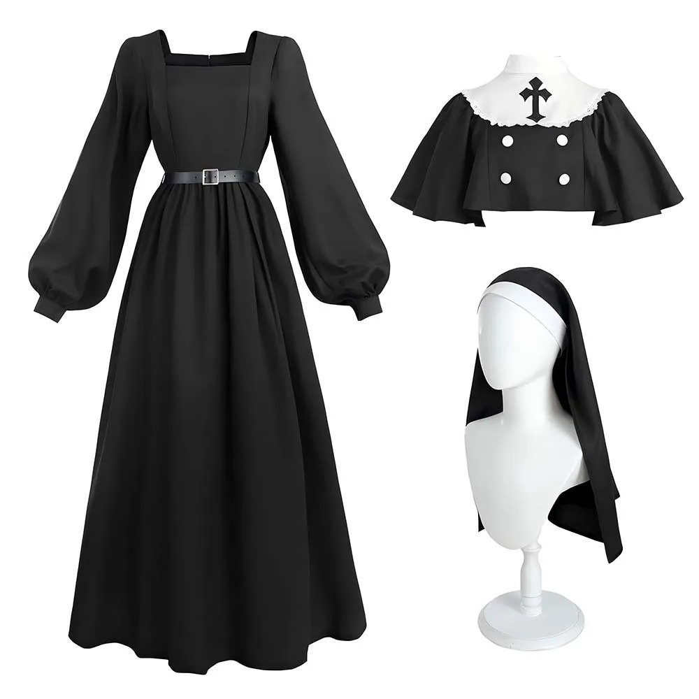 Klassisches Nonnen-Cosplay-Kostüm für Damen, Kirchen-Thema, Ballonärmel, Spitzenkragen, Umhang, Schleier, Kleidung für Halloween, Karneval, Faschingskostüm – Detail 5
