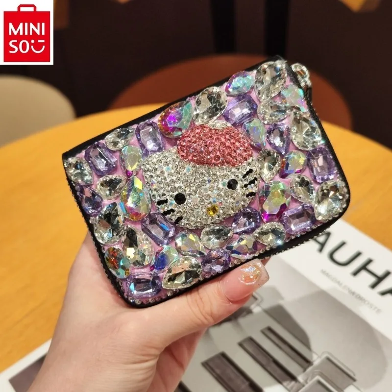 MINISO Women's Card Clip Card Bag Multi functional Zipper Cartoon Hello Kitty Inlaid Austrian Diamond Zero Wallet