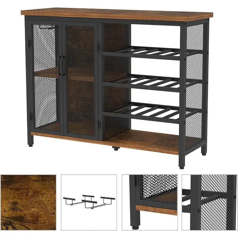 Bar Cabinet for Liquor and Glasses Wood and Metal Freestanding Wine Rack Table Accent Sideboard Buffet Cabinet