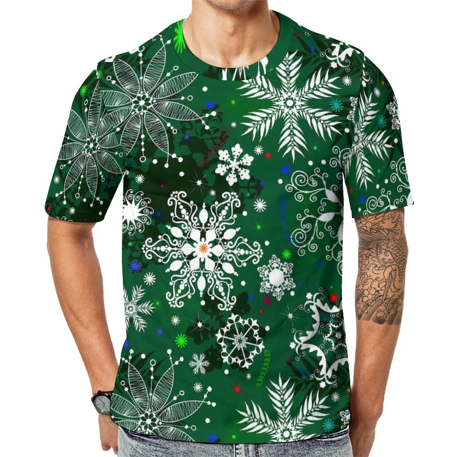Oversized T-Shirt Summer Christmas Snowflake T Shirts Green Print Streetwear O-Neck Tshirt Man Hippie Graphic Clothing
