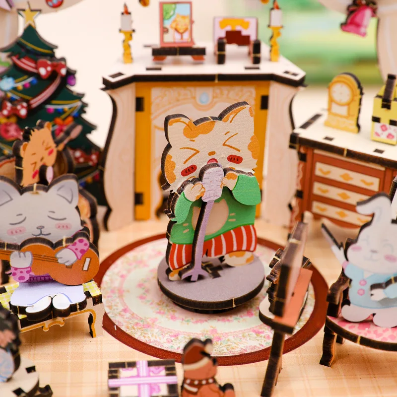 DIY 3D Wooden Animals Party Music Box Miniature Model Kits Jigsaw Puzzles Can Move for Friends Birthday Gifts Home Decoration