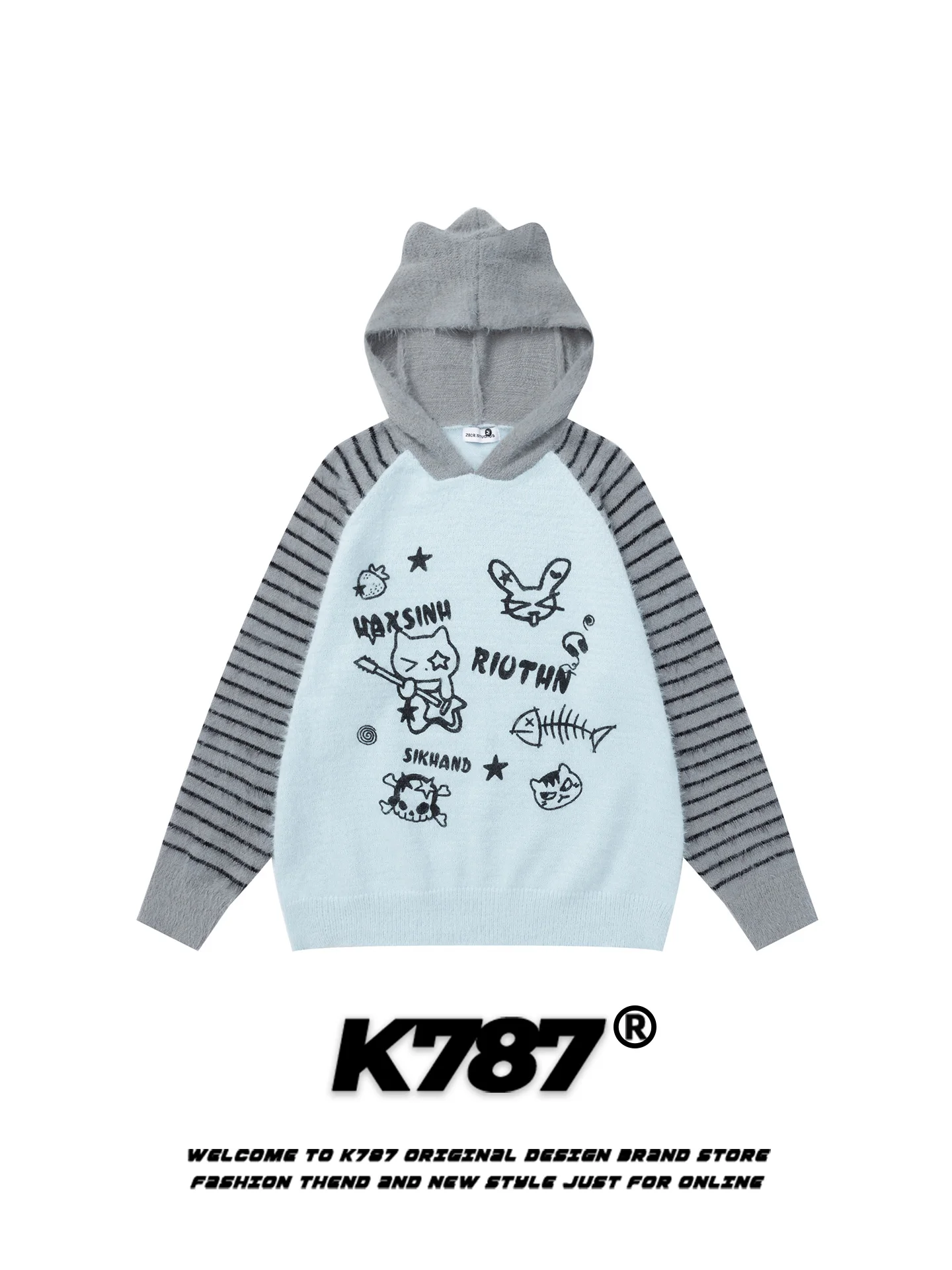 

American Retro Pattern Hooded Sweater Women's Casual Stripe Splicing Lazy Sle Aibi Knittedwear Loose Fit Winter Long Sl...