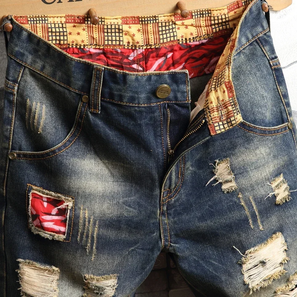 Hole Vintage Men Jeans Shorts Denim Distressed Knee Length Pockets Spliced Cuffs Skinny Washed Punk Style Ripped Mid Waist 2024