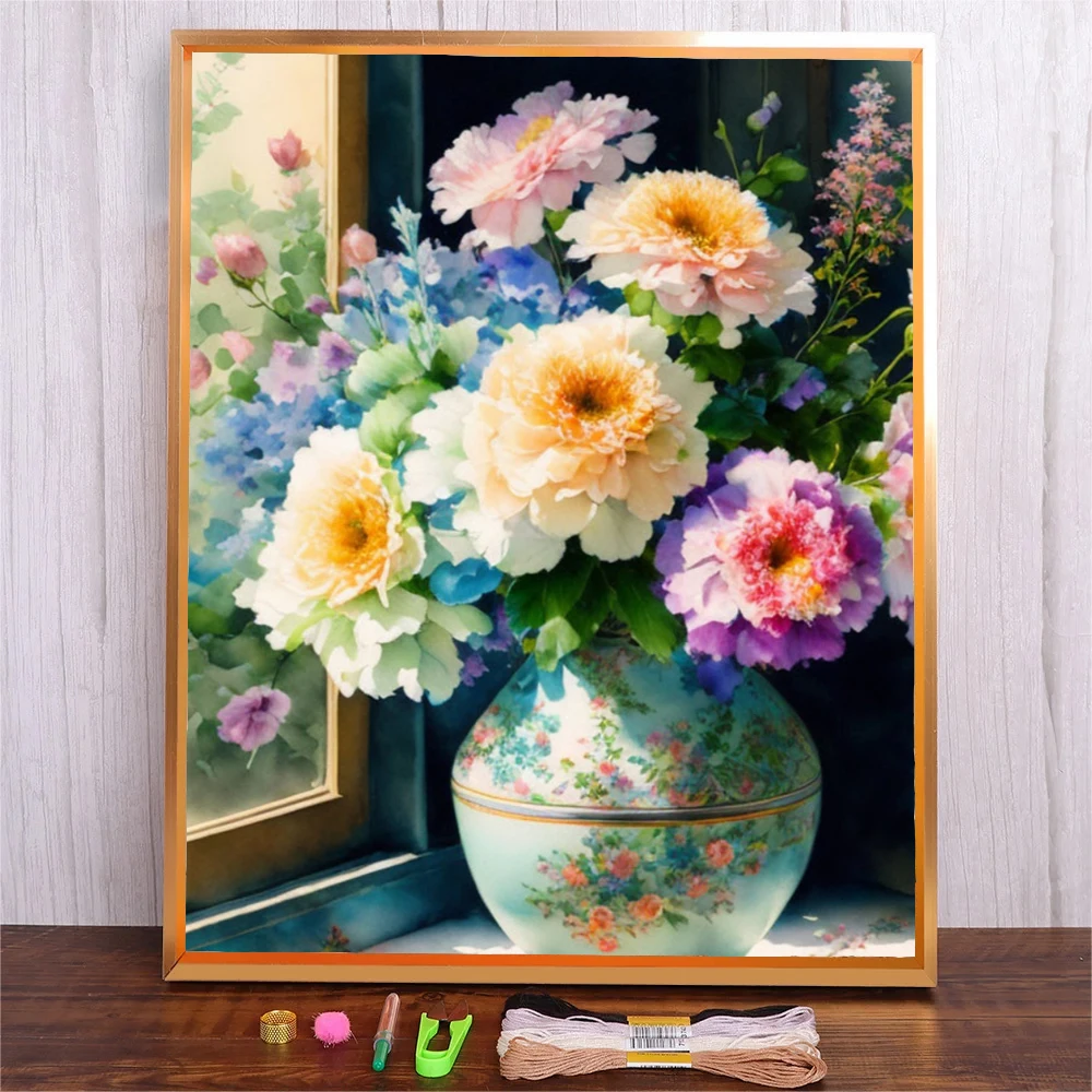 

Peony Flowers Embroidery Kit DIY Needlework Tools Beginner Cross Stitch Artcraft With Cotton Thread Embroidery Handicraft Gift