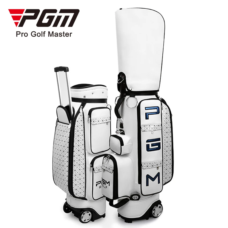 PGM QB036 fashion hidden trolley waterproof white PU golf bag with wear resistant big wheels