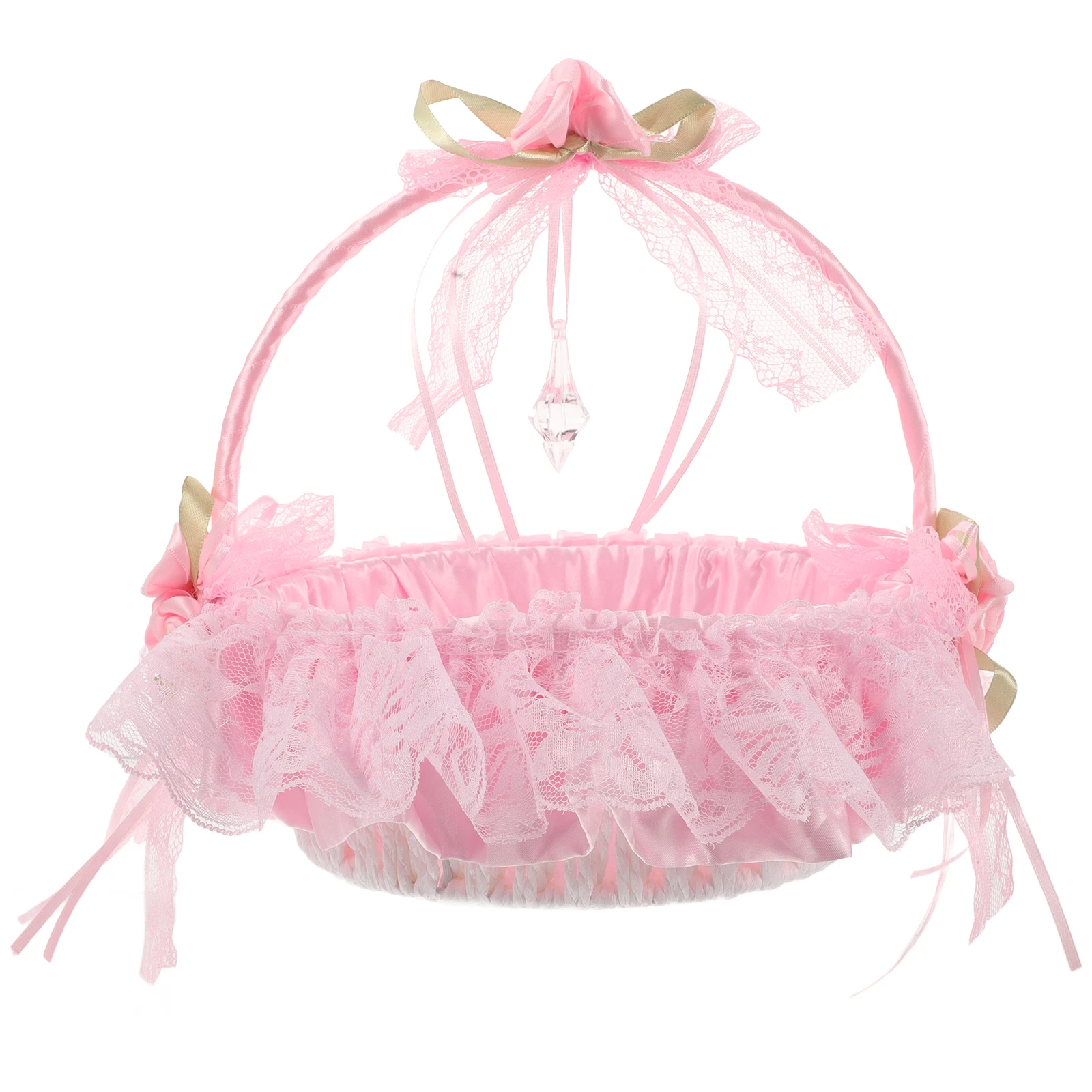 

Flower Girl Handcrafted Lace Basket Wedding Decorative Storage Bowknot Bamboo Woven Baskets Handle Rustic Favor Bridal Shower