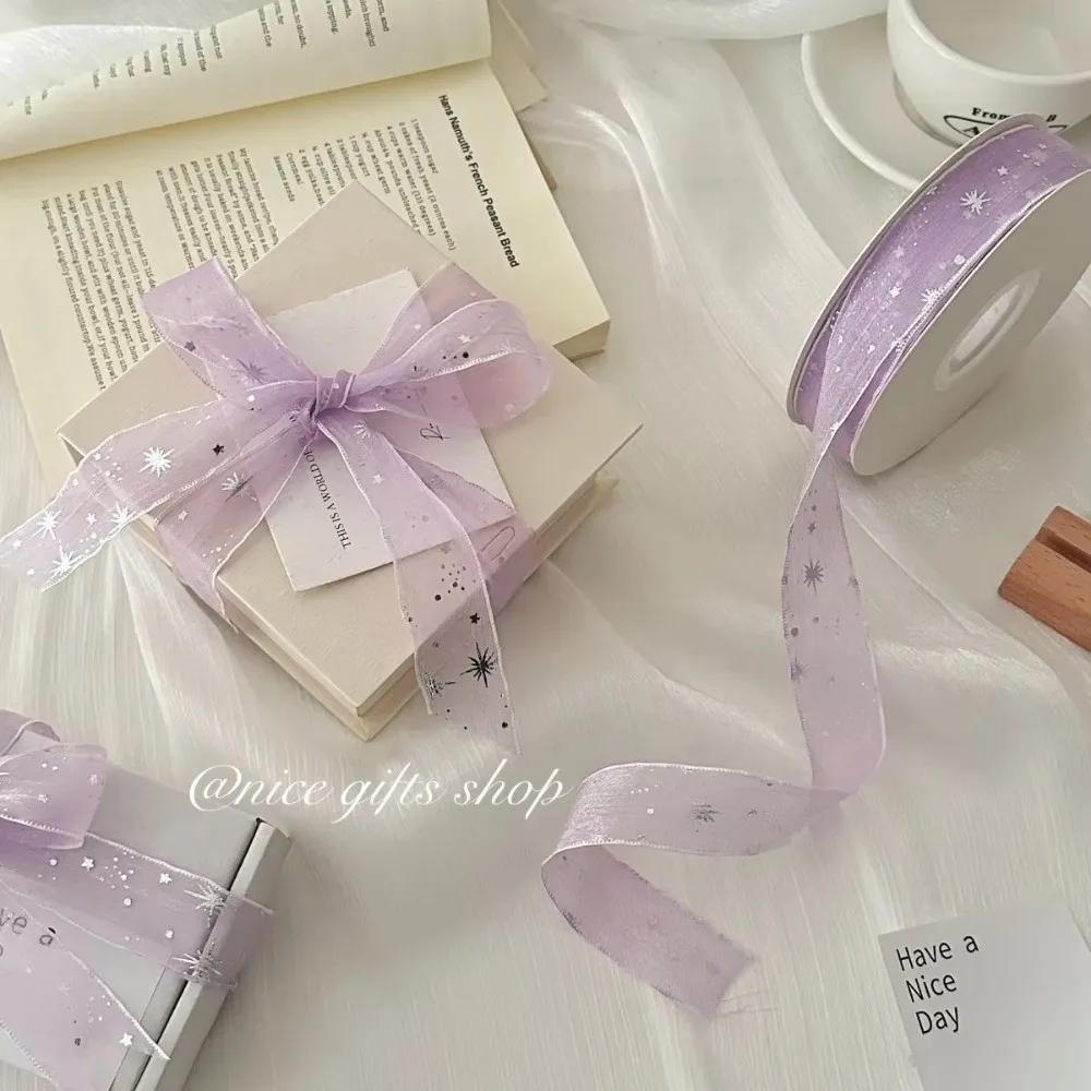 New 10 Yards Silver Star Ribbon Gift Wrapping Bouquets 2.5cm Flower Wrapping Ribbon Glitter Gifts Packaging Material