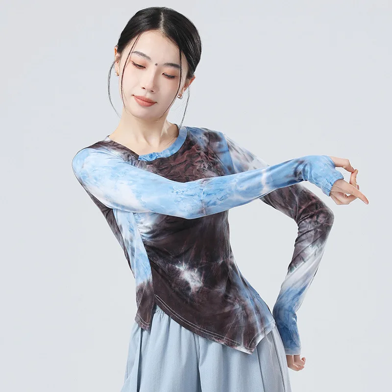 Tie Dye Floral Print Dance Shirt Finger Thumb Long Sleeve Tee Dancewear Women Tops Fancy Cloth Classical Modern Dance Stage 2024