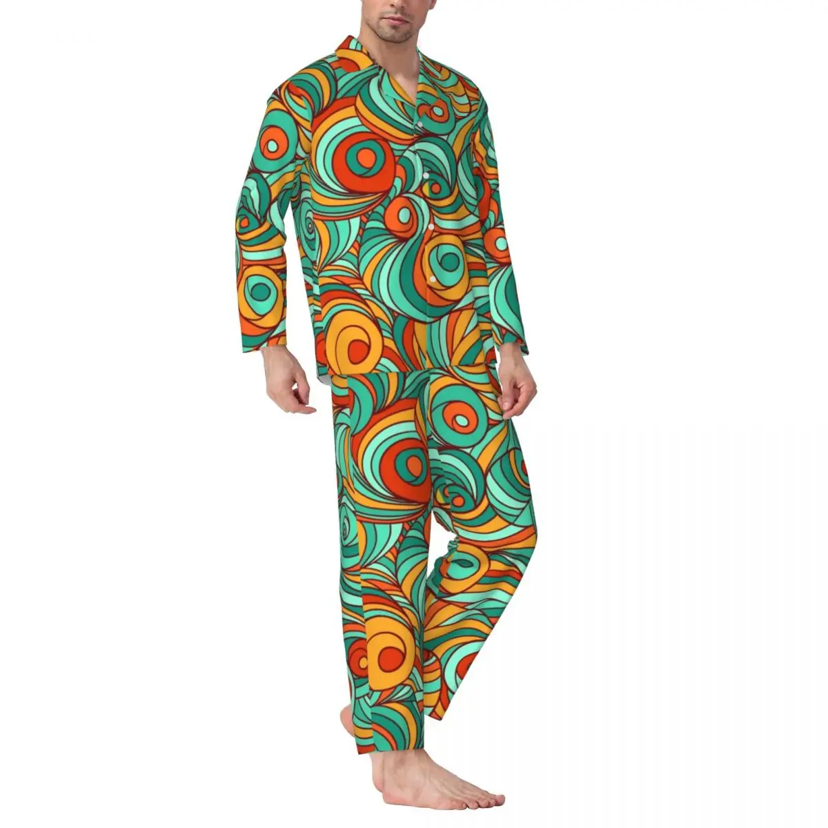 Swirling Retro 70S Pajamas Male Abstract Lines Print Cute Soft Room Nightwear Autumn 2 Piece Vintage Oversized Printed Home Suit