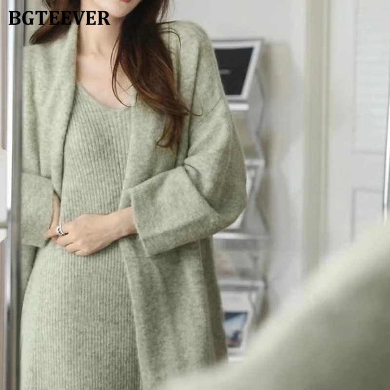 BGTEEVER Autumn Winter Women Knitted Dress Set Long Sleeve Loose Cardigans Sweaters Ladies V-neck Package Hip Dresses