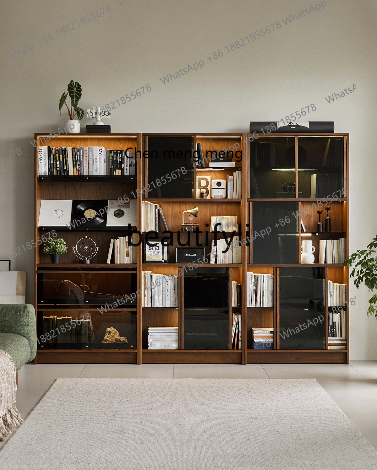 Q178 Solid wood bookcase glass sliding door living room full wall bookcase black walnut floor storage baffle cabinet