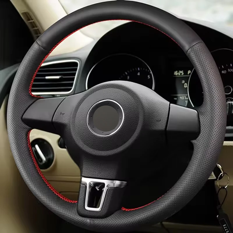 Alcantara Steering Wheel Cover Wrap Genuine Leather Red Thread Car Accessoires Specifically For Volkswagen Golf 6 Mk6 VW Polo