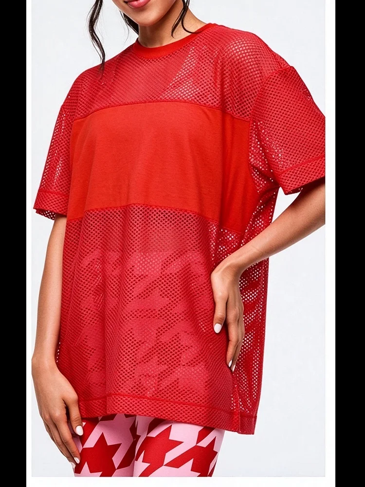 Women T-Shirt Short Sleeved Mesh Shirt Round Neck Summer Solid Color Loose Casual Dance Sports Versatile Top