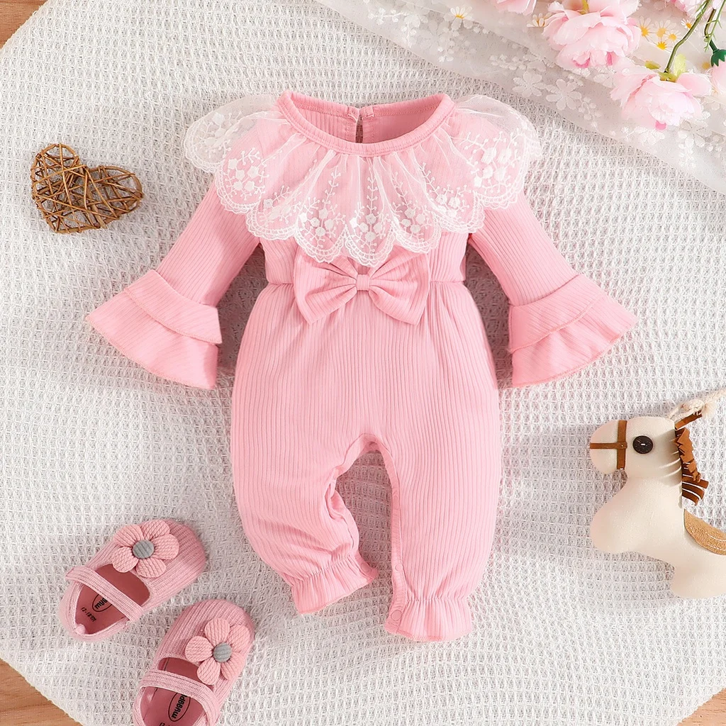 Baby Girl Newborn Onesies Romper 0-18 Months Toddler Clothing Infant Long Sleeve Cute Lace Collar Button Jumpsuit