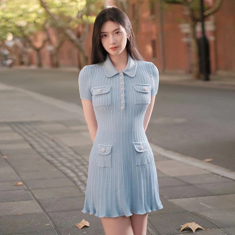 

2024 Summer Women's Blue Knitted Dress Diamond Slim Fit Knitted Elegant Women's Mini Dress