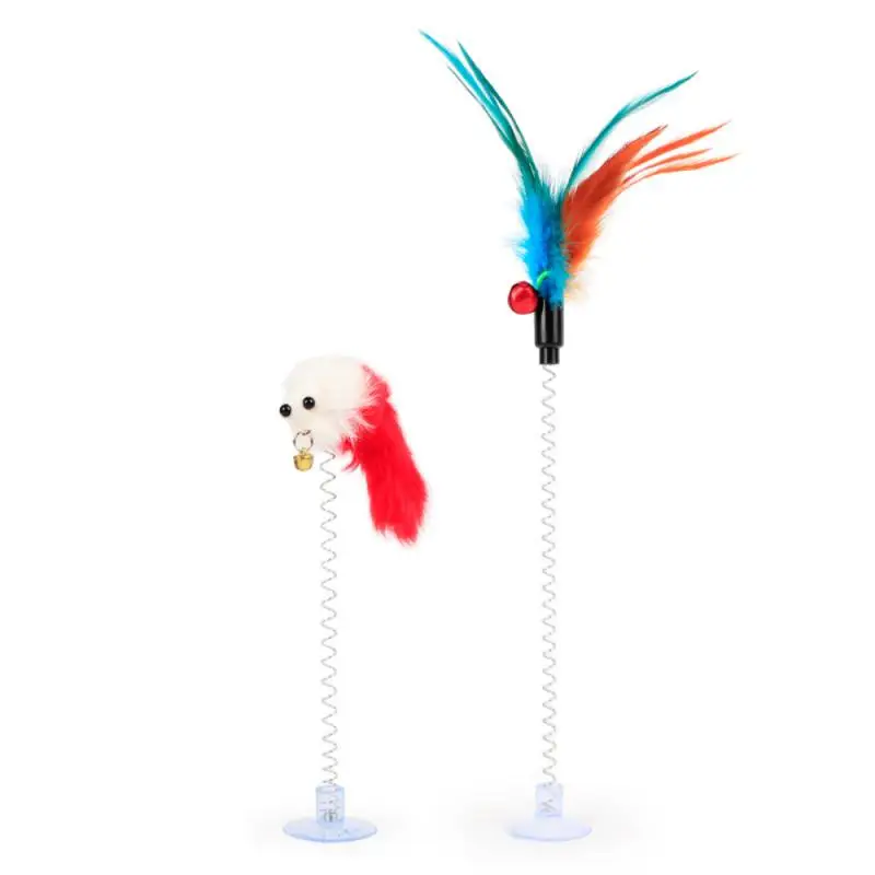 Juguete para gatos con ventosa colorida, pluma de primavera con campana, juguetes para mascotas, suministros para gatos, varita multicolor de felpa, juguetes interactivos para mascotas