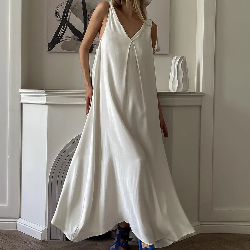 

Hiloc Sexy Loose Woman Summer Thin Nightie Dress Thin Simple Style Ankle Length Night Dress White Lace-Up Low Neckline Nightgown