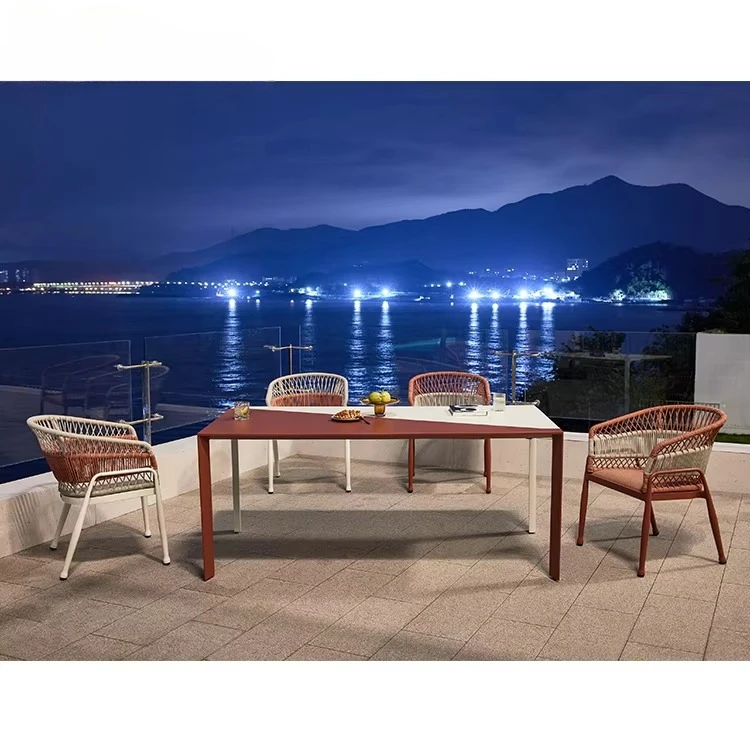

Modern Garden Furniture Rope Weaving Aluminum Restaurant Outdoor Terrace Dining Table and Chairs Set for Garden