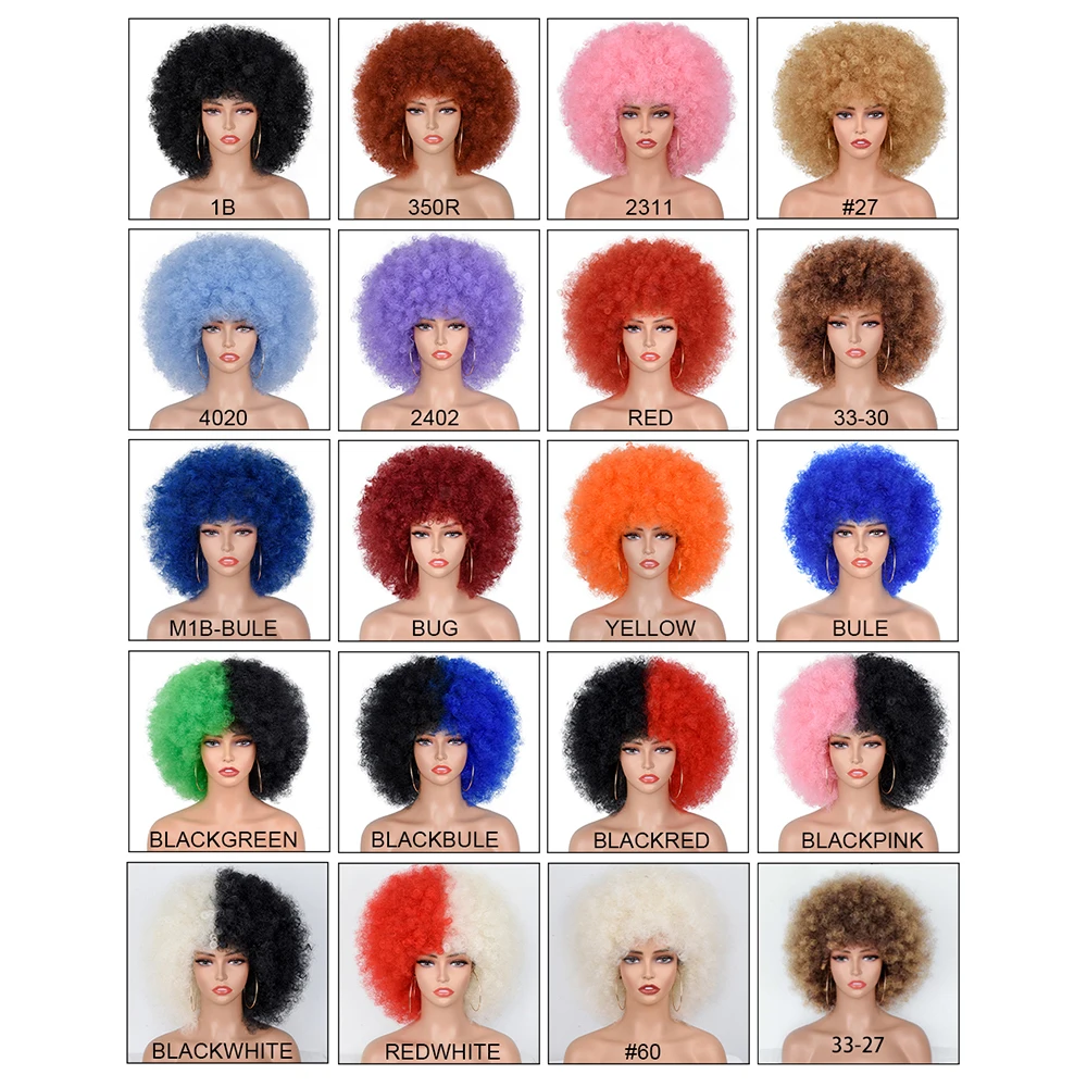 Peluca Afro rizada de pelo corto con flequillo para mujer, peluca sintética rosa para Cosplay, color negro, azul, rojo y marrón para Halloween