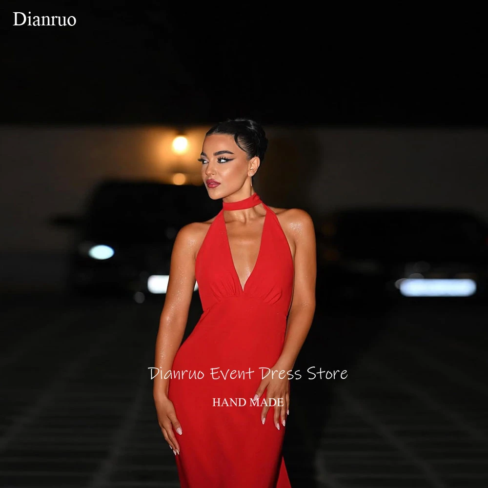 Dianruo فساتين سهرة مثيرة بدون ظهر باللون الأحمر عميق على شكل حرف V من الشيفون رداء حفلات رسن العنق حورية البحر للنساء حسب الطلب #1