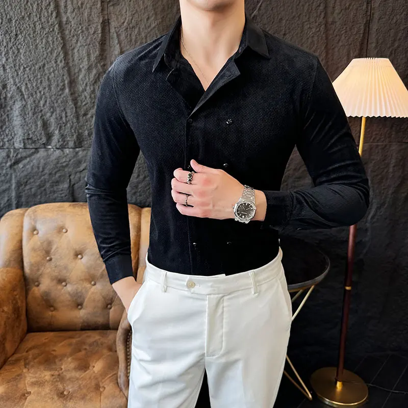 Autumn/Winter Velvet T-shirt for Men British Style Double Breasted Long Sleeved Shirt Casual Business Social Streetwear Tops