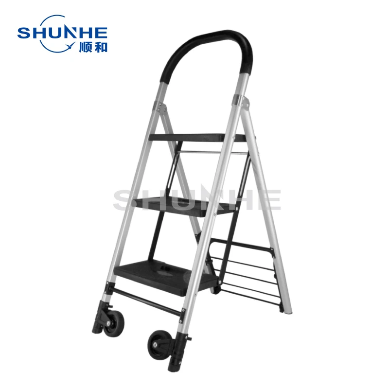 FW-71 Collapsible 3-Step Ladder with 4-in-1 Platform Hand Cart Iron & PP Materials Two-Wheel Foldable Aluminum Ladder