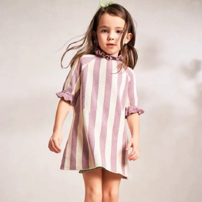 Baby Girl Princess Cotton Striped Knitted Dress Flare Sleeve Infant Toddler Sweater Dress Outfit Baby Clothes Christmas 1-10Y