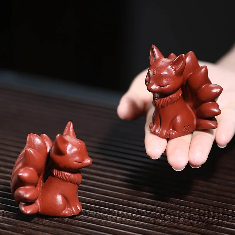1PC Purple Clay Fox Tea Pet Nine-Tailed Fox Sculpture Creative Tea Table Ceramic Animal Ornament Figurine Unique Home Decoration
