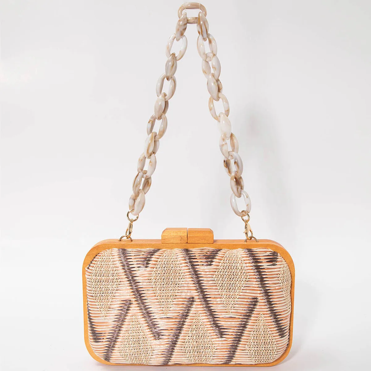 Fashion Wooden Clip Clutch Bag for Women Acrylic Chains Lady Shoulder Bags Geometric Patterns Handbags Summer Beach Party Purses view 4