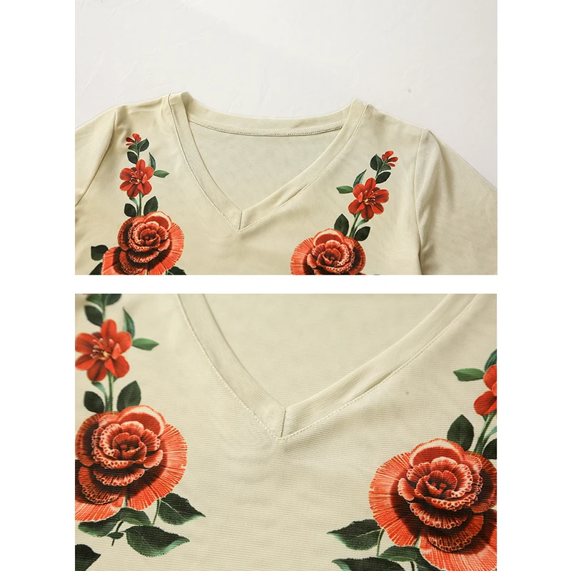 Camiseta con estampado de flores para mujer, ropa Europea elegante y Sexy, cuello en V, camisetas informales ajustadas de manga corta 2024