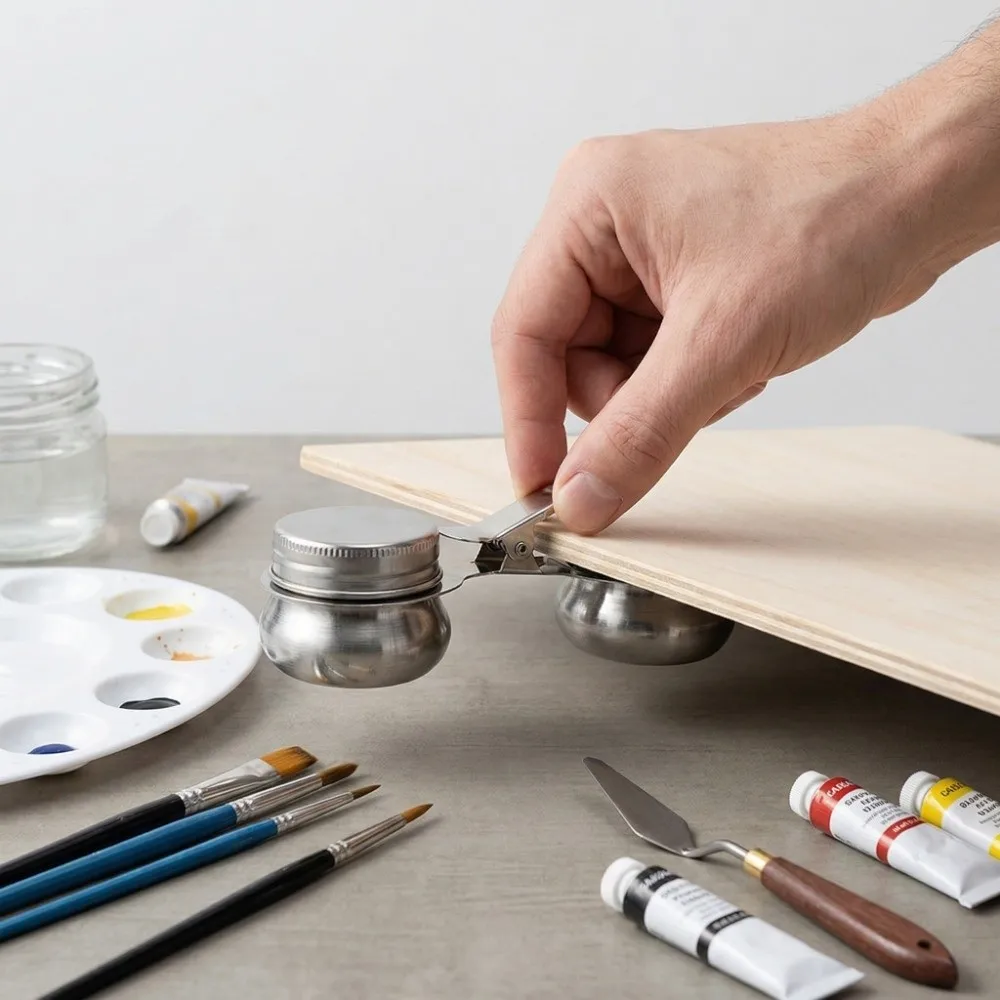 

No Leakage Stainless Steel Double Palette Cup With Lid Leak Proof Oil Paint Container Clip On Double Dipper Drawing Enthusiasts