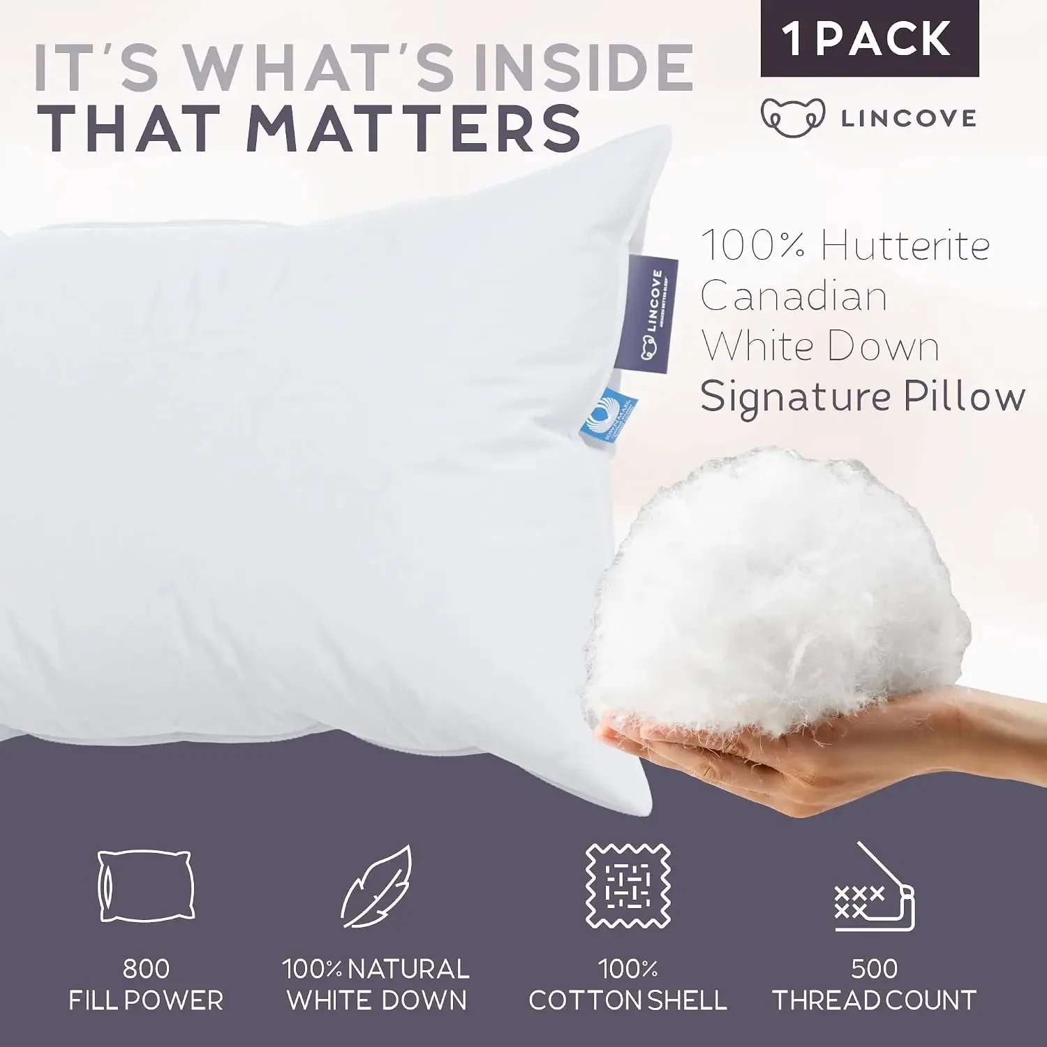 Signature 100% Natural Canadian White Down Pillow - Luxury Sleeping Pillow for Back, Stomach & Side Sleepers - 800 Fill Power, 5