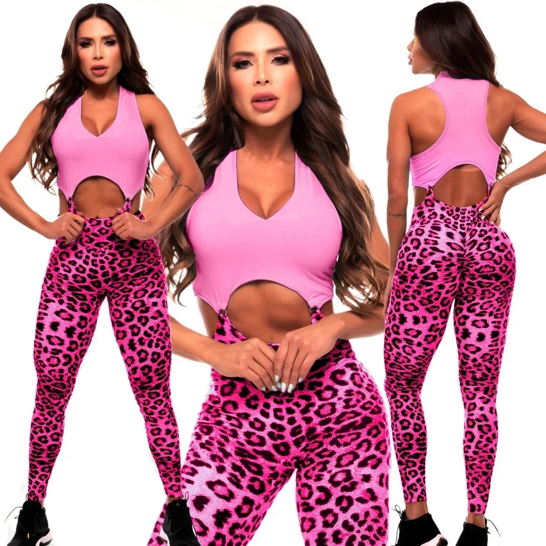 Sport Bra Scrunch Pant Leopard One Piece Jumpsuits - Women\'s Active Wear Suits for Gym Fitness Workout Legging.