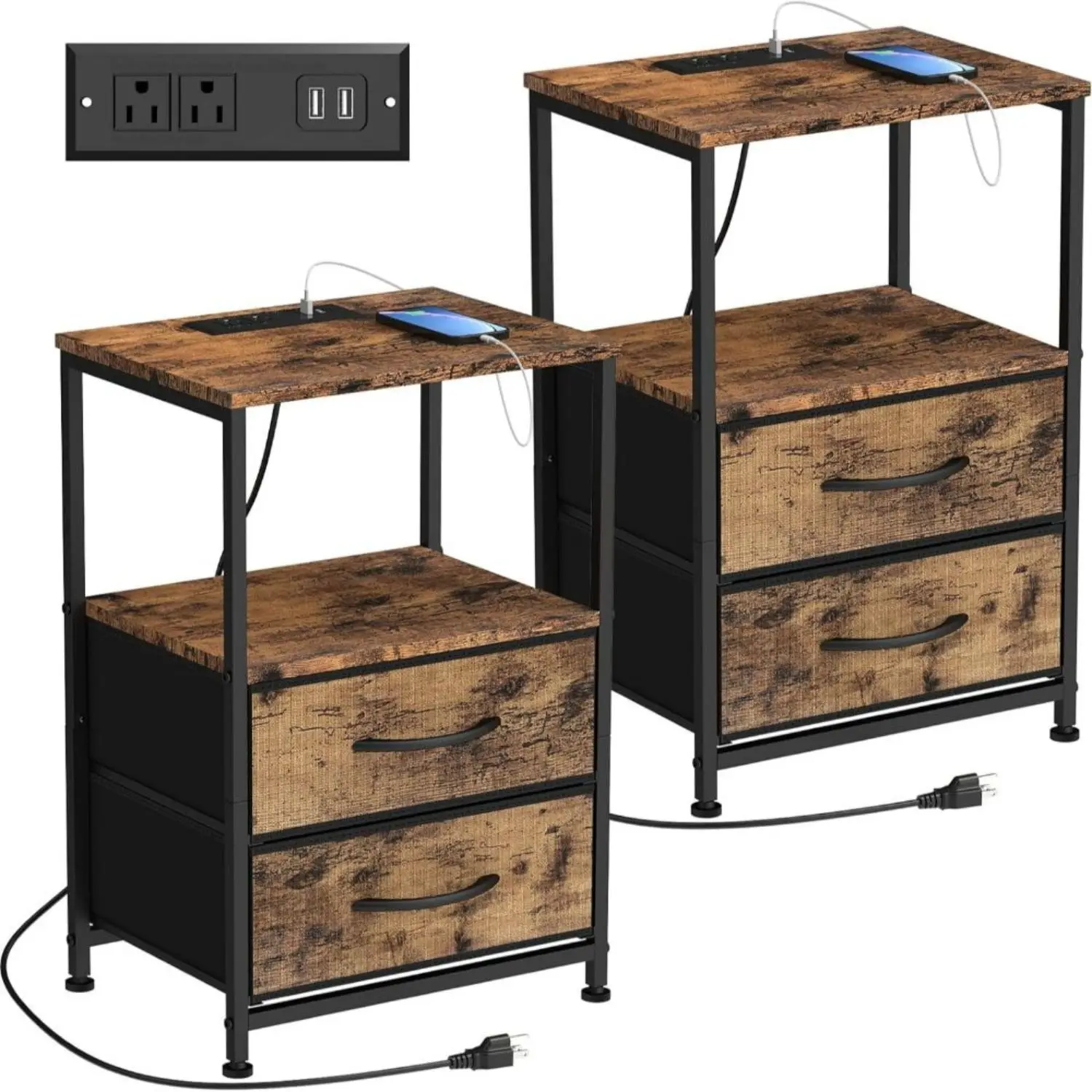 Bedside Table Set of 2 End Table Nightstand with Charging Station & Fabric Drawer Heavy Duty