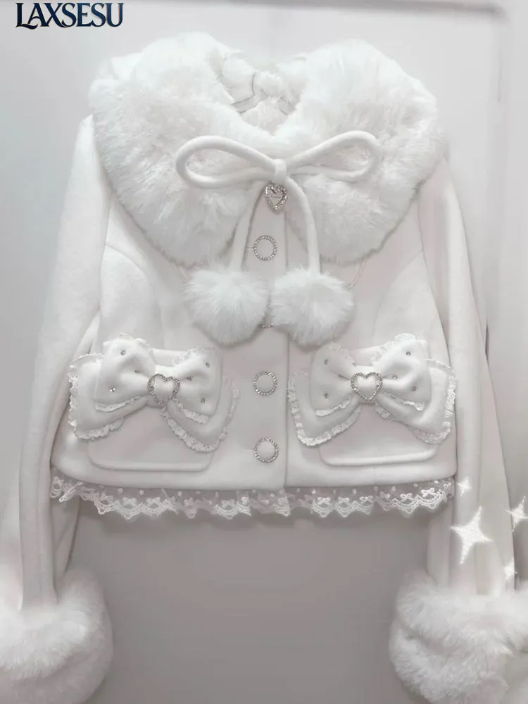 Lolita Cute Production Sweet Cute Short Coats Solid Color White Haired Collar Hairball Bow Lace Lace Sweet Girl Winter Top