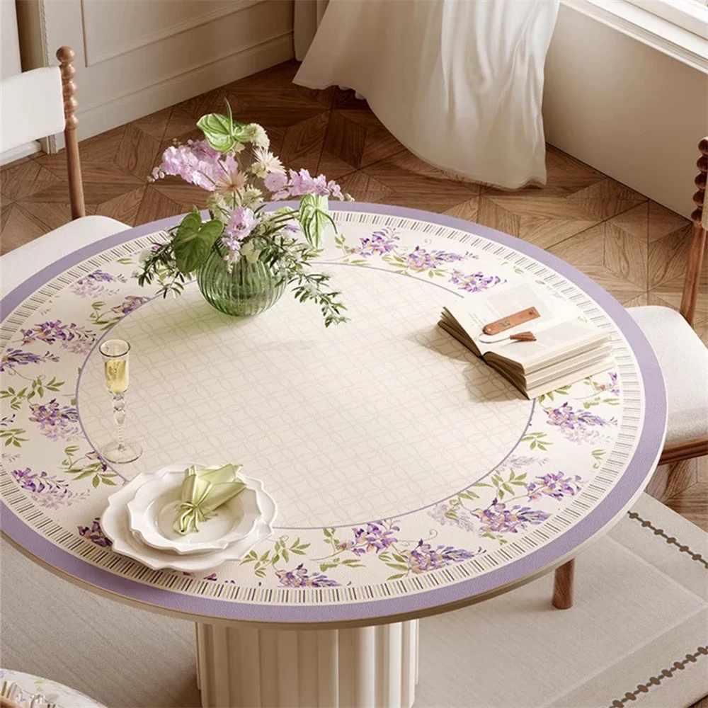 Light Luxury Round Table Mat Waterproof Oil-Proof Anti-Scalding Leather Wash-Free Purple Plant Printed Dining Table Tablecloth