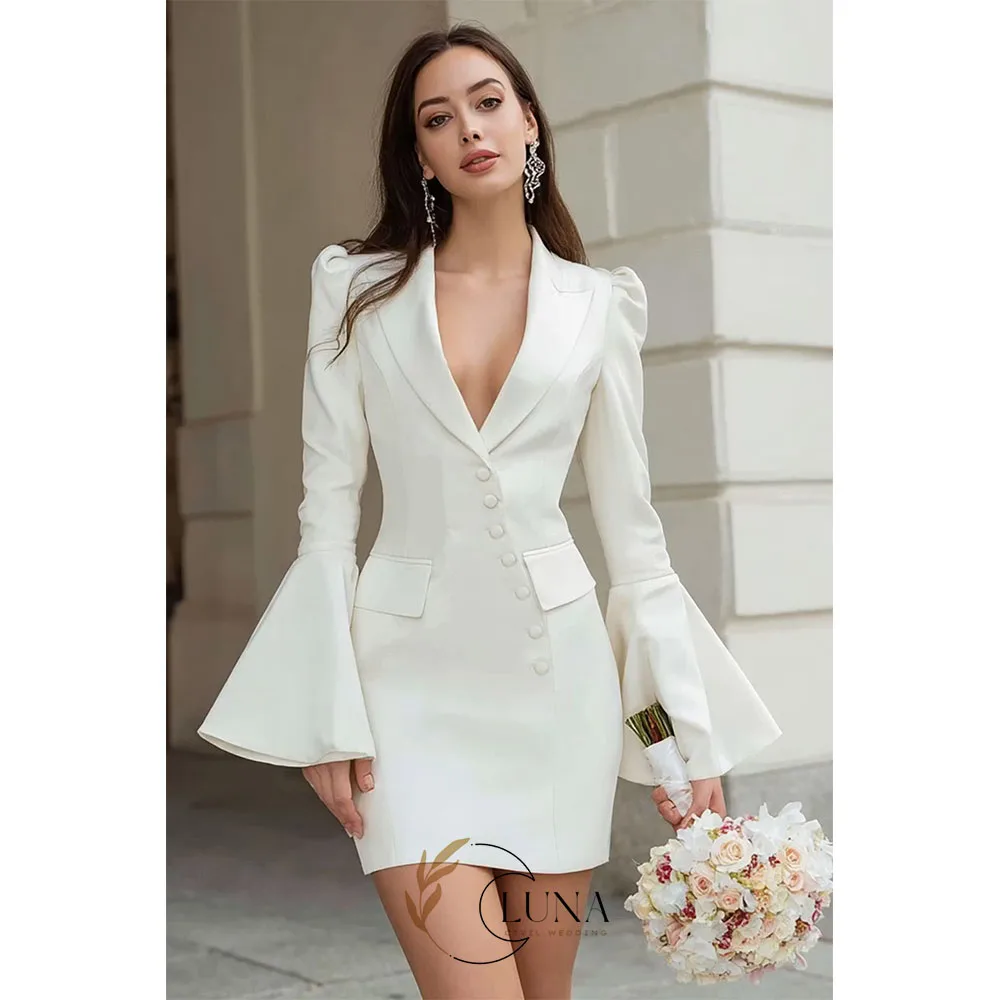 Luna Ivory Satin Shawl Lapel Short Blazer Wedding Dress Customized Flare Sleeves Flap Pockat Bridal Gown Engagement Dress