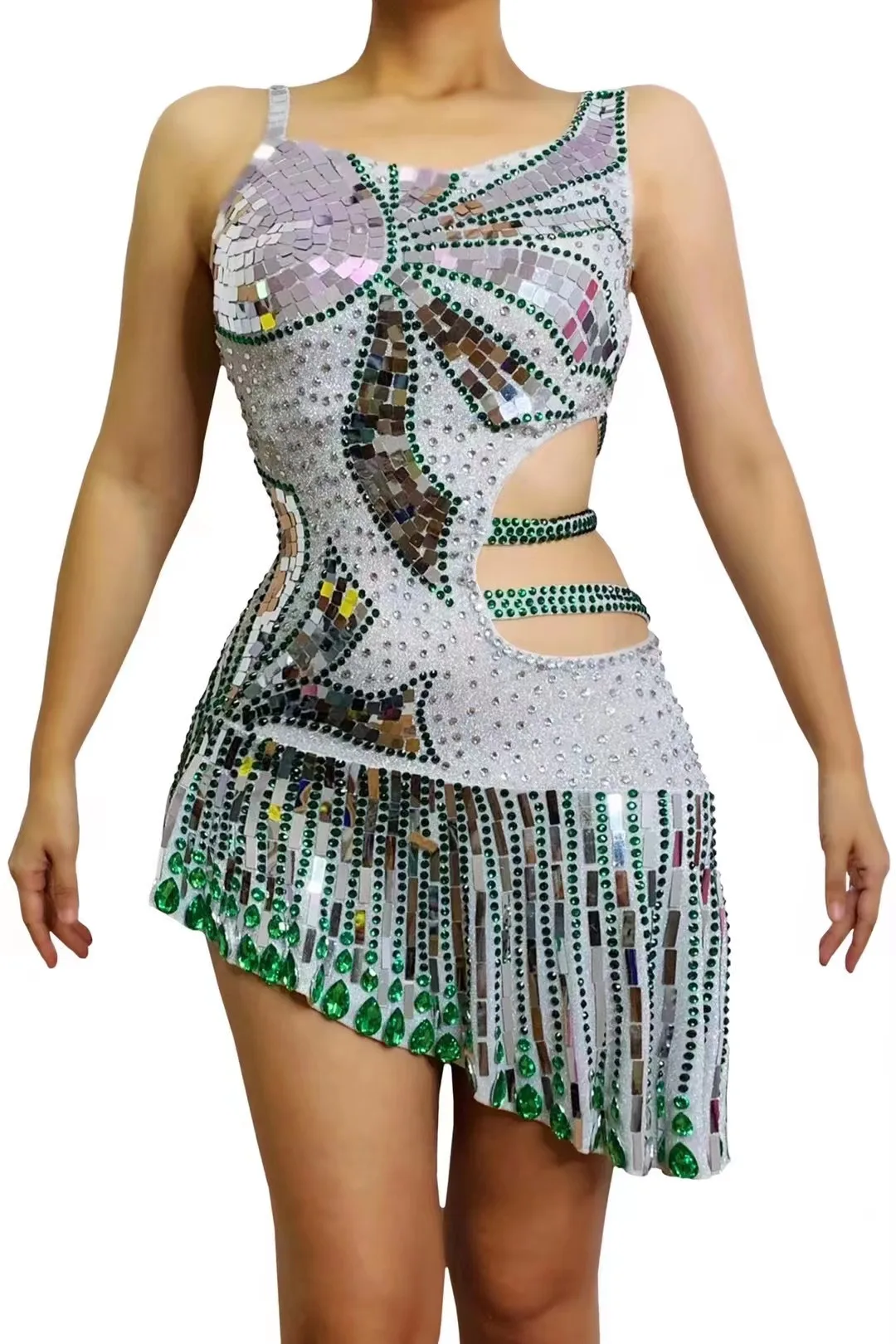 

Female singer host, master of ceremonies, green rhinestone hollowed out buttocks, short skirt, stage performance, evening dress