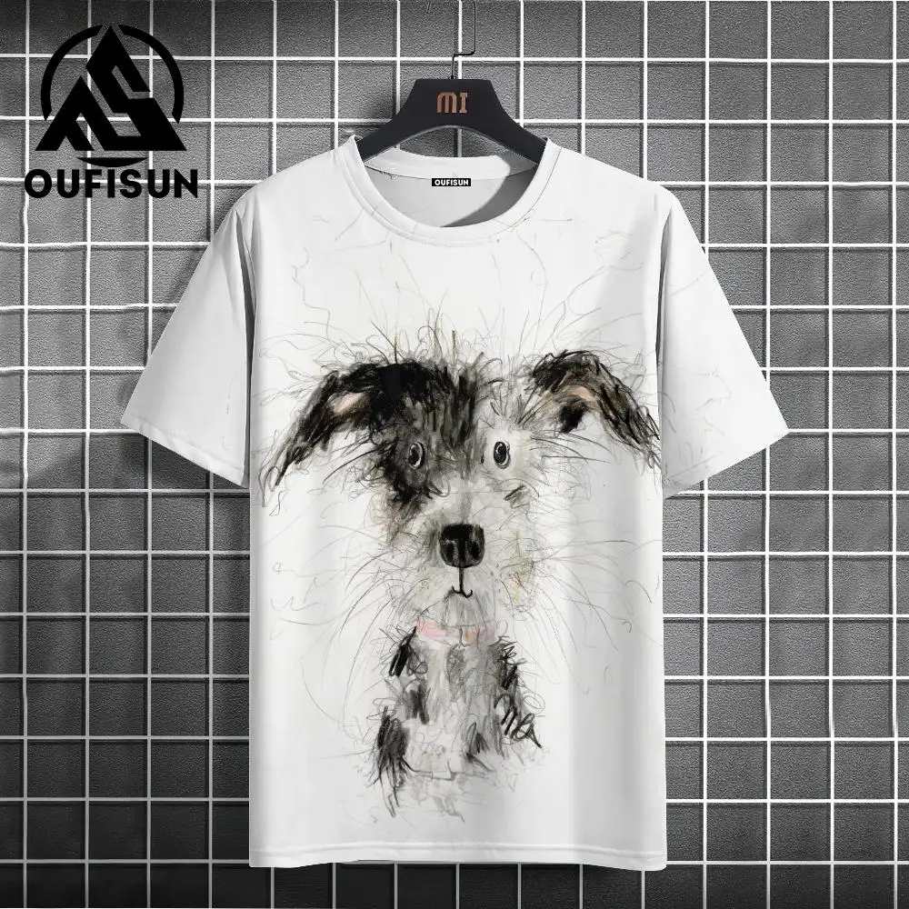 2024 Casual Men T-shirts White Breathable Polyester T-shirts For Men High Quailty Simple Design Cute Dog Oversize T-shirts Men