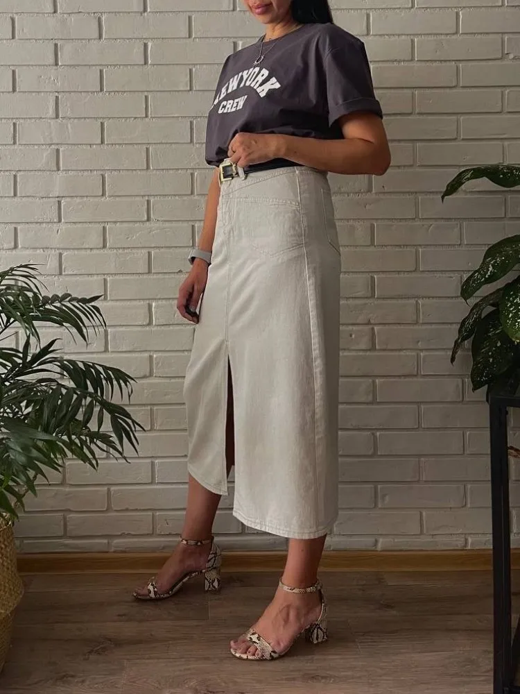 ZHISILAO Vintage Long Skirt for Women Casual High Waist A-line Skirt Split Straight Denim Skirt Summer 2023