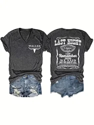 Print T-Shirt, Last Night We Let The Liquor Talk Print Short Sleeve V Neck Casual Top For Spring & Summer, Women's Clothing