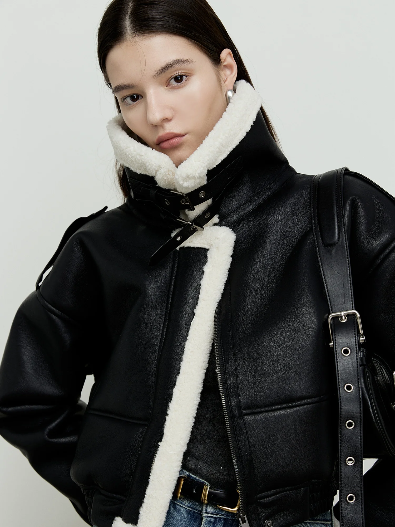 Roeywang pele de cordeiro ort biker jaet casaco de couro acolchoado de calor feminino mistura de lã de poliéster longo fecho de zíper sve