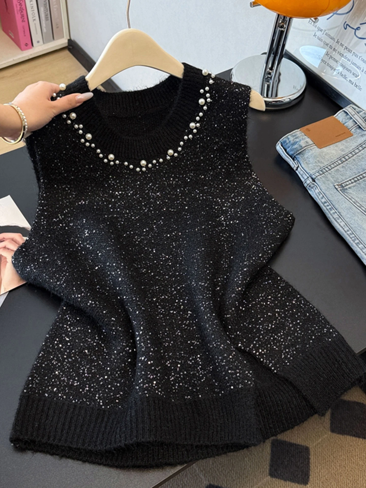 

Теплый вязаный жилет с бусинами для женщин, осенне-зимний, больших размеров, для полных женщин, многослойный, с подплечниками