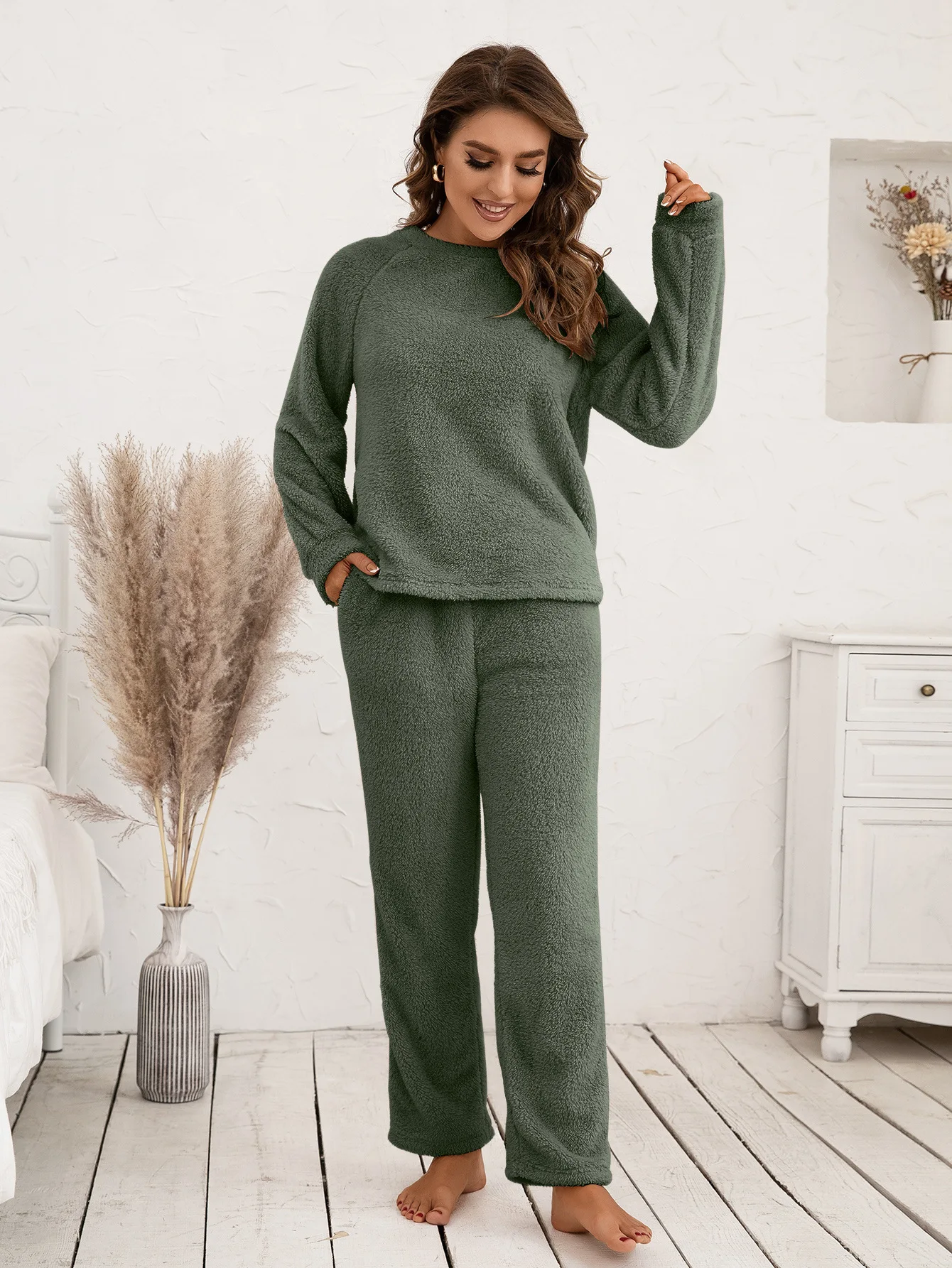 Women Winter Homewear 2 Piece Set Casual Plush Pajamas Sets Fashion Solid Color Long Sleeve Tops And Trousers Fall Home Clothes