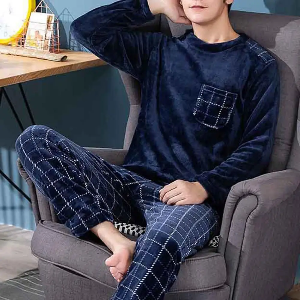 Easy to Wear Pajamas Men's Winter Pajamas Set with Round Neck Long Sleeve Elastic Waist Soft Pockets Thick Loose Warm for Men