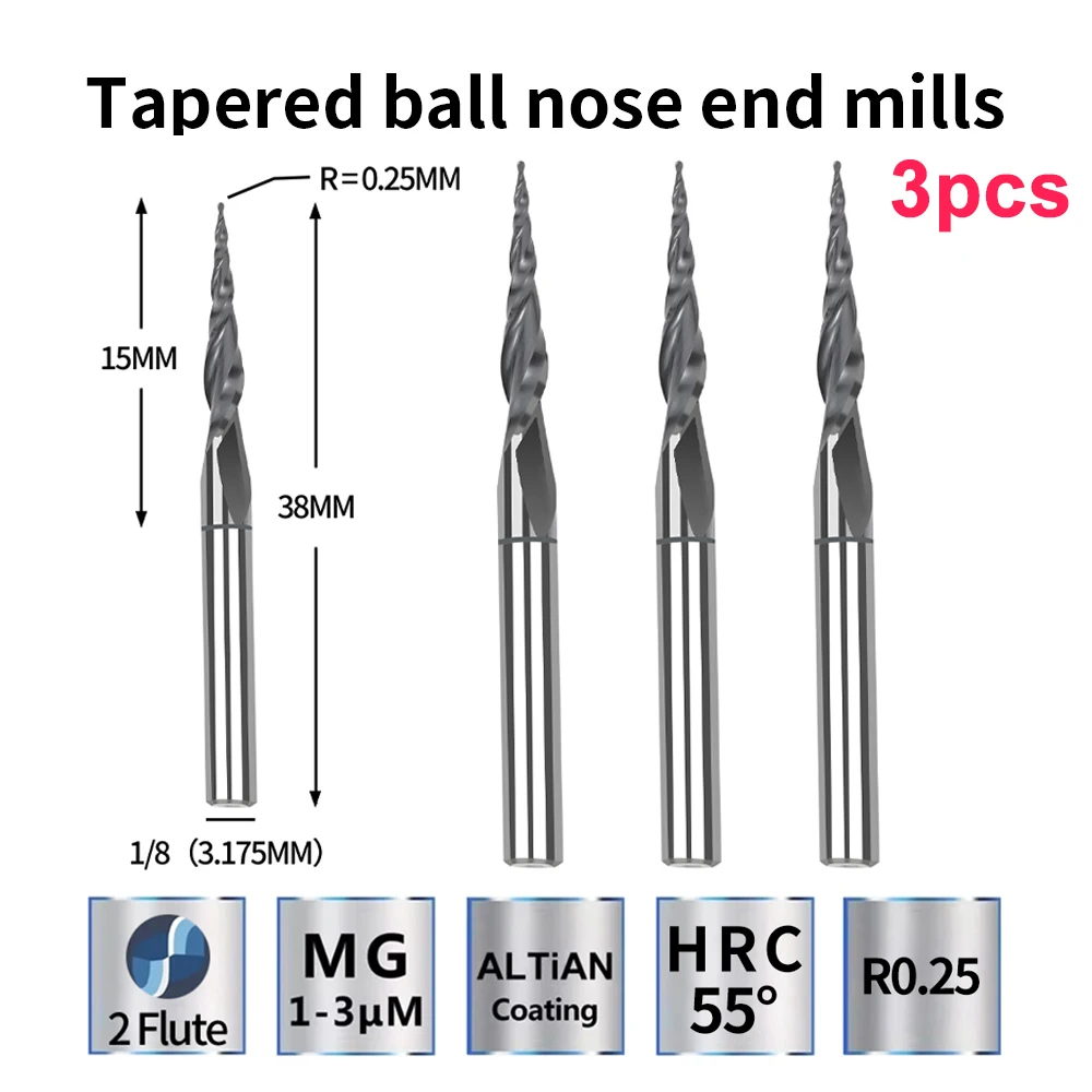 텅스텐 솔리드 카바이드 테이퍼 볼 노즈 엔드 밀, 목재 가공 CNC 2D 3D 조각 비트 밀링, D3.175 x 38x5.09 ° HRC55 2 플루트