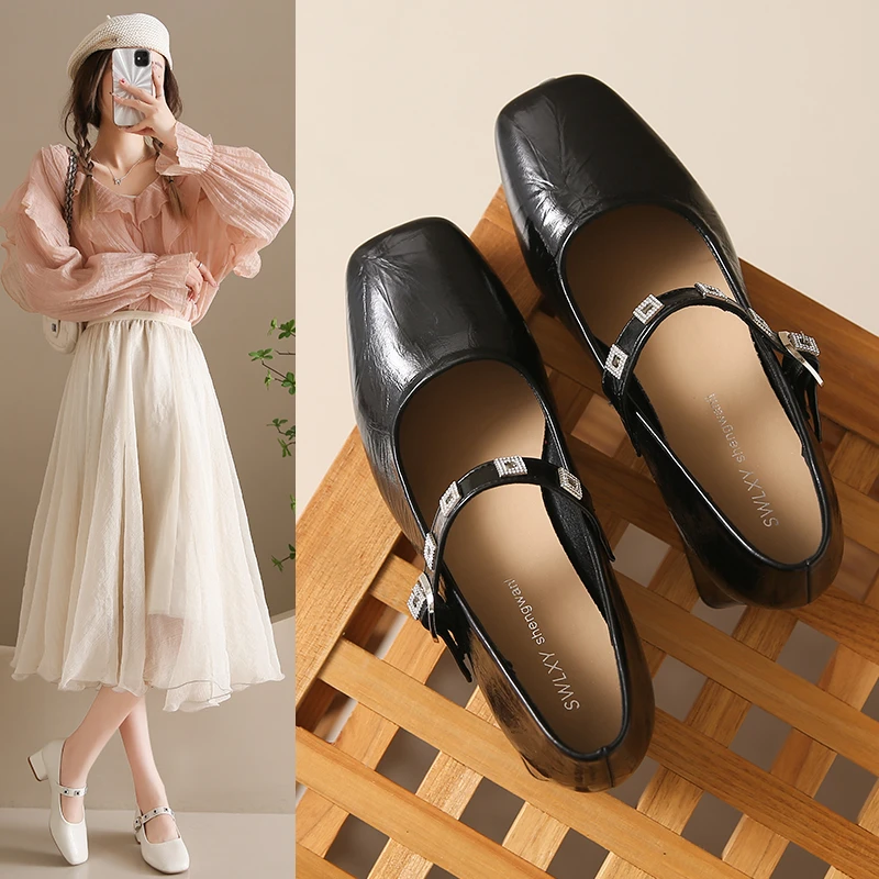 

2025 Spring New Women Mary Jane Shoes Fashion Square Toe Shallow Slip on Ladies Flat Shoes Soft Sole Outdoor Dress Ballerina