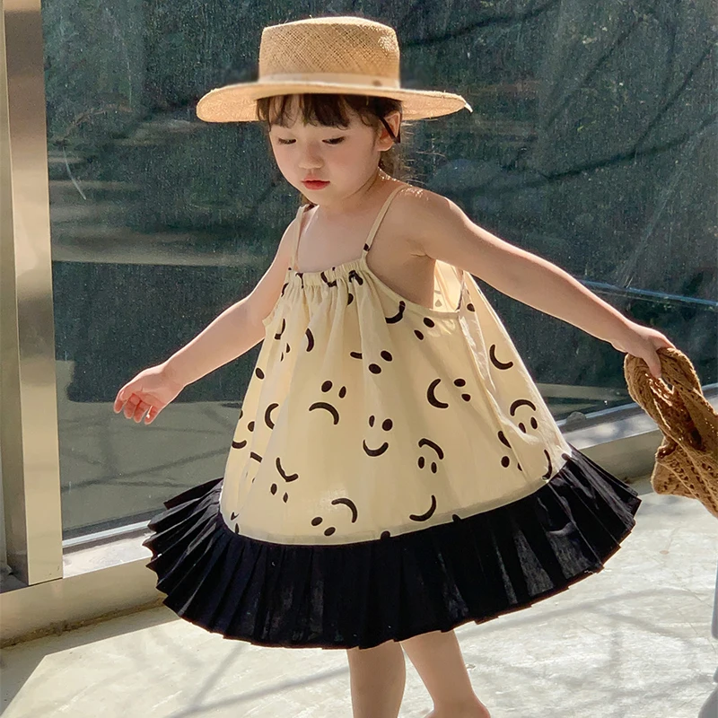 Girl Suspender Fluffy Dress Cartoon Printing Sleeveless Beach Dress Summer Exquisite Hem Ruffled Design Casual Dress 3-8Y